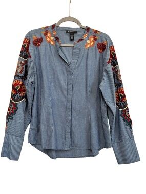 INC International Concepts vibrant floral embroidery shirt size L